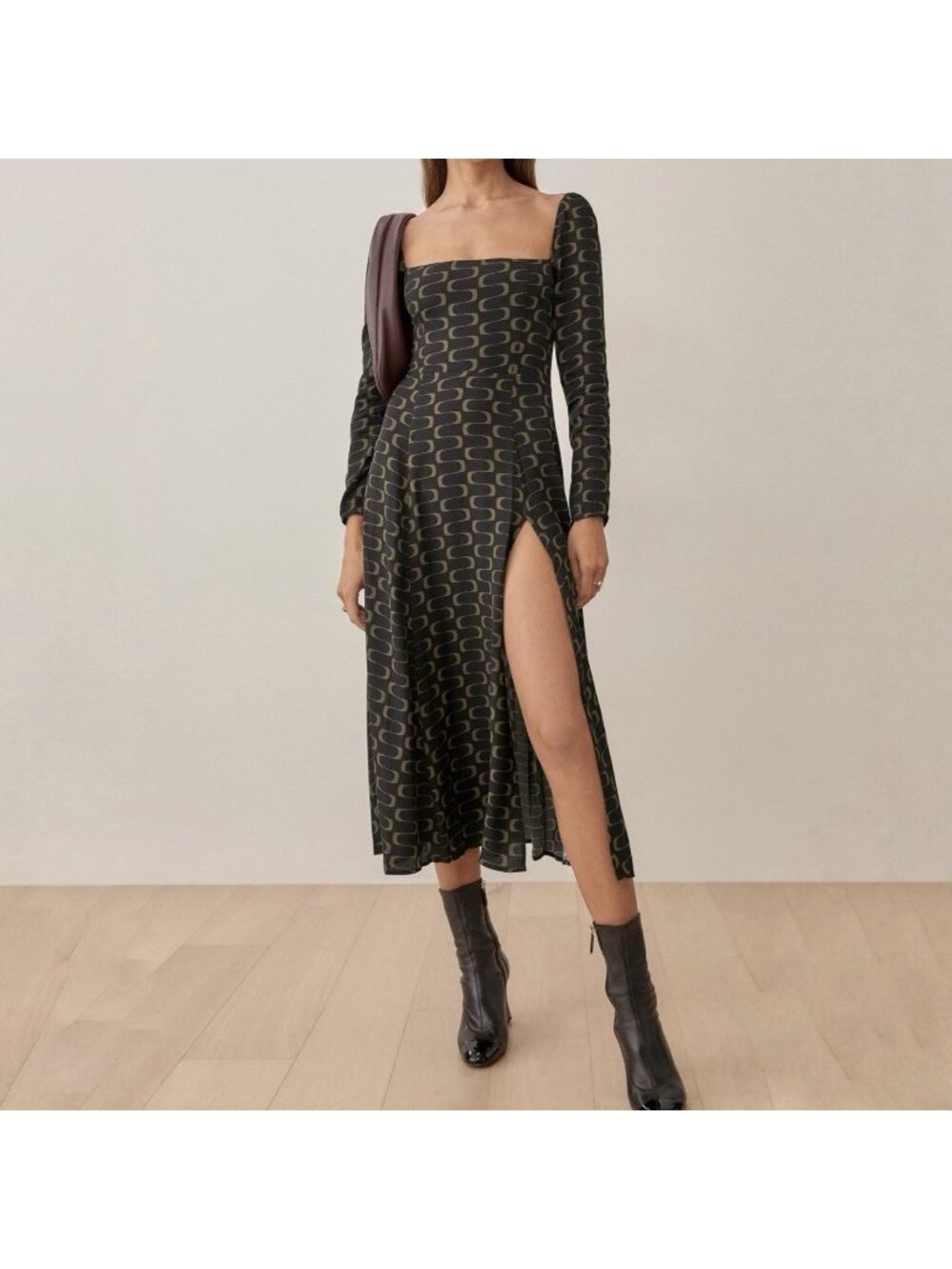 Reformation Sigmund Midi Dress Black Brown Long Sleeve Square Neck Women’s 00